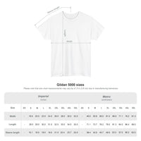 White t-shirt with measurement chart for Gildan 5000 sizes on a white background