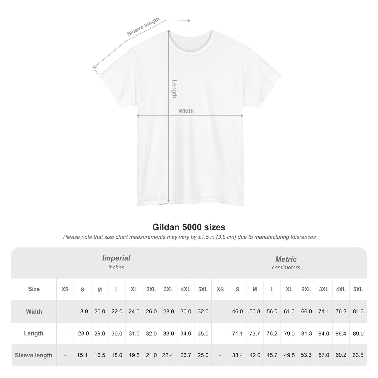 White t-shirt with measurement chart for Gildan 5000 sizes on a white background