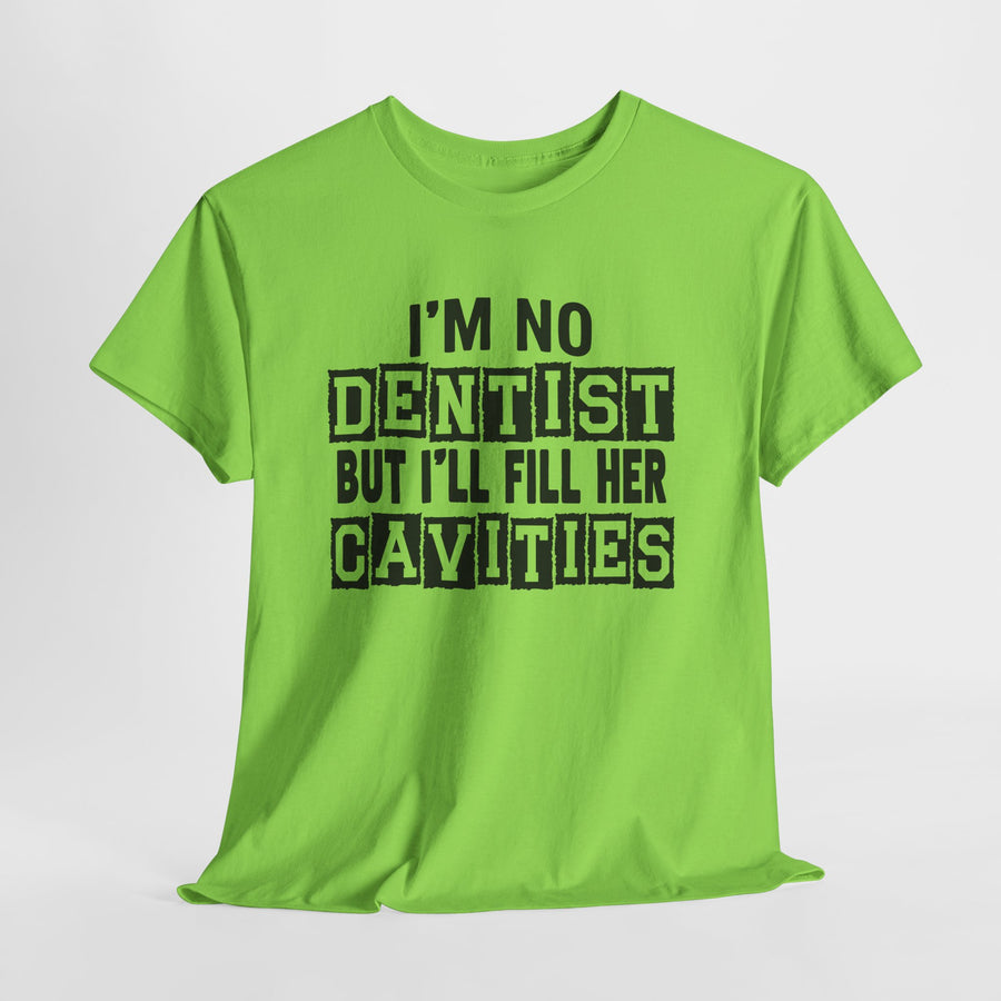 Green t-shirt with humorous text design on a white background