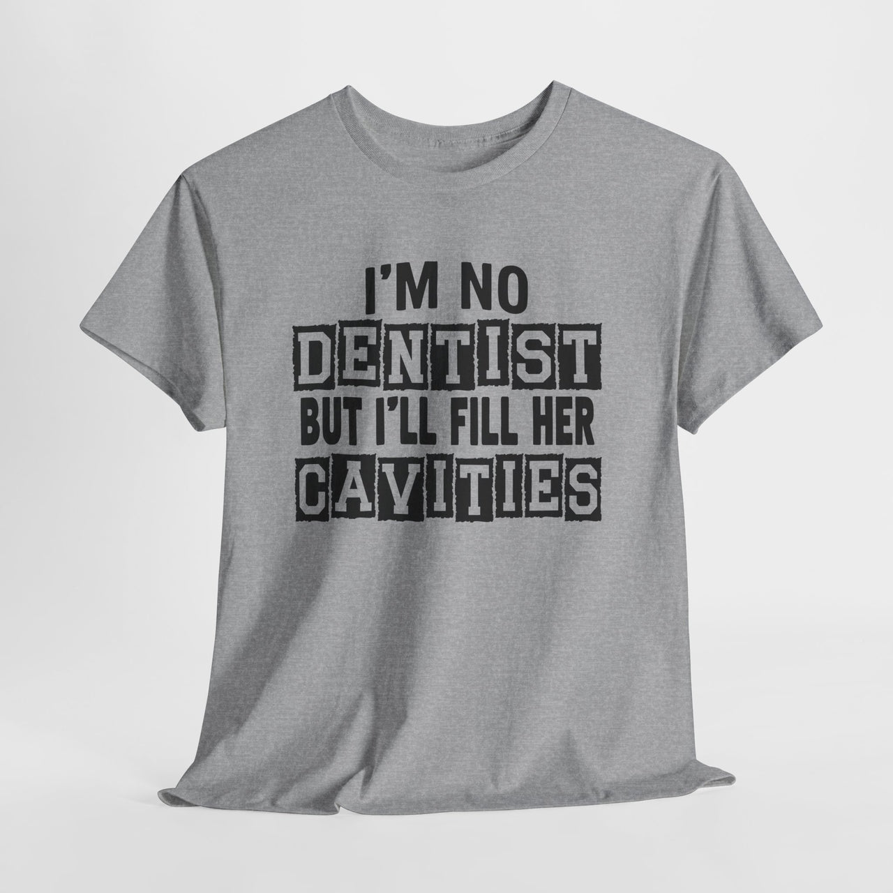 Gray t-shirt with humorous text design on a white background