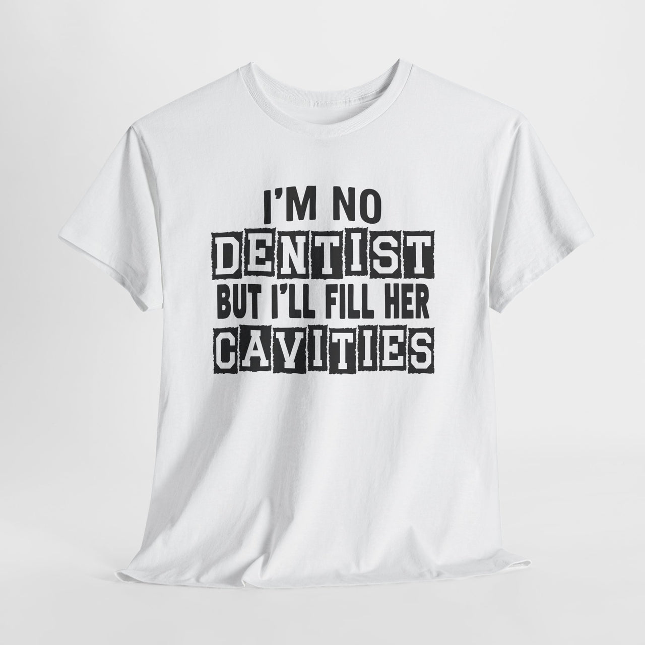 White t-shirt with black text on a white background