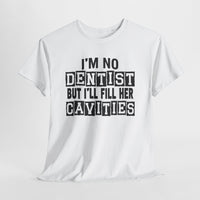White t-shirt with black text on a white background