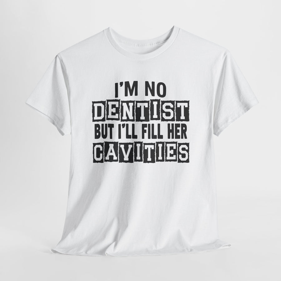 White t-shirt with black text on a white background