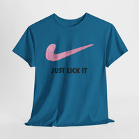 Blue t-shirt with pink Nike logo and 'Just Lick It' text on a light gray background
