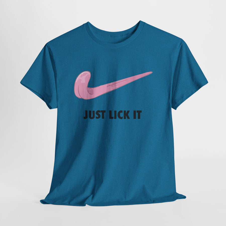 Blue t-shirt with pink Nike logo and 'Just Lick It' text on a light gray background