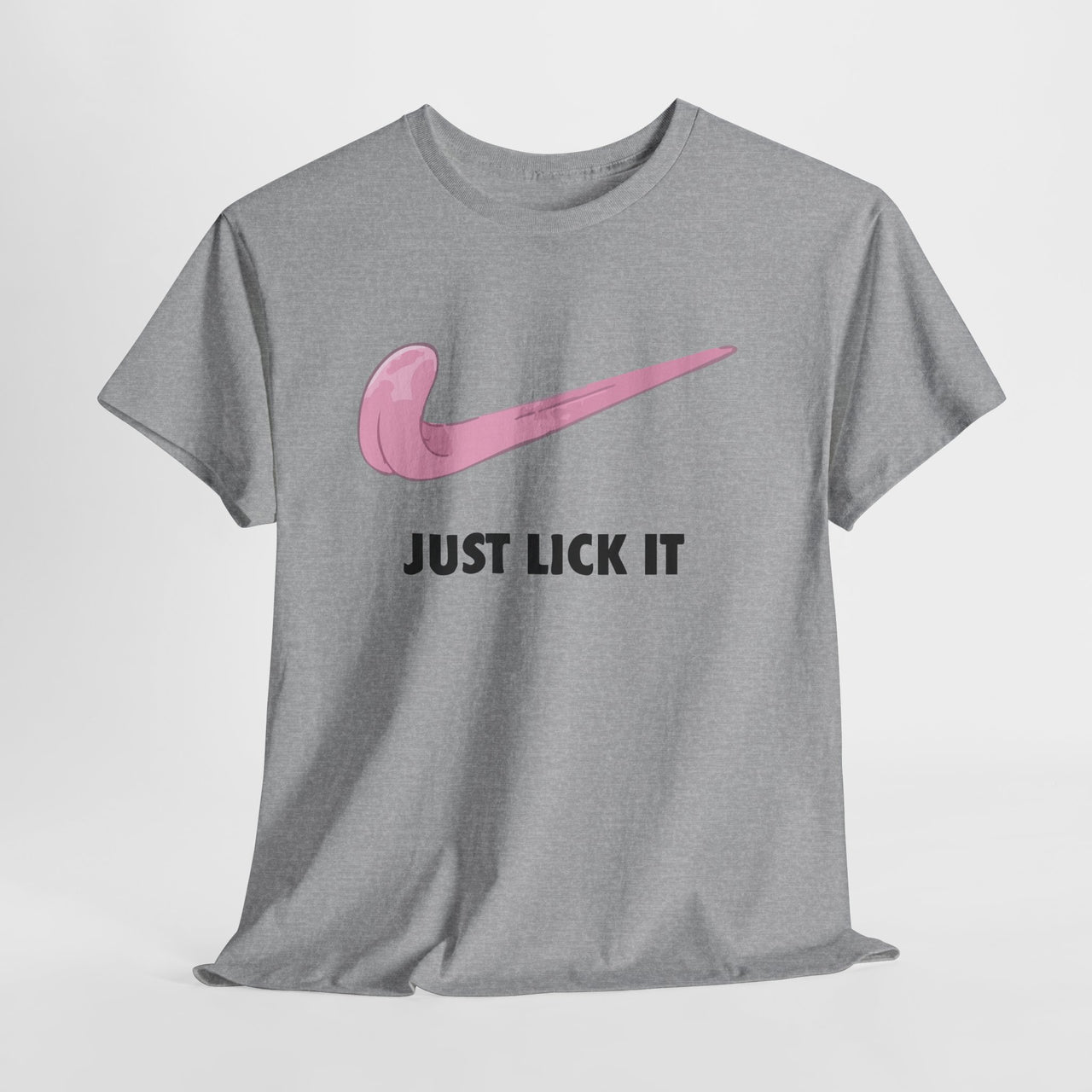 Gray t-shirt with pink logo and 'Just Lick It' text on a white background