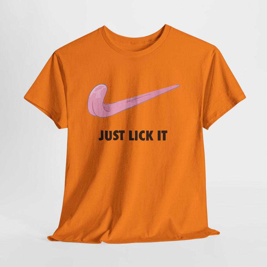 Orange t-shirt with pink and black graphic design on a white background
