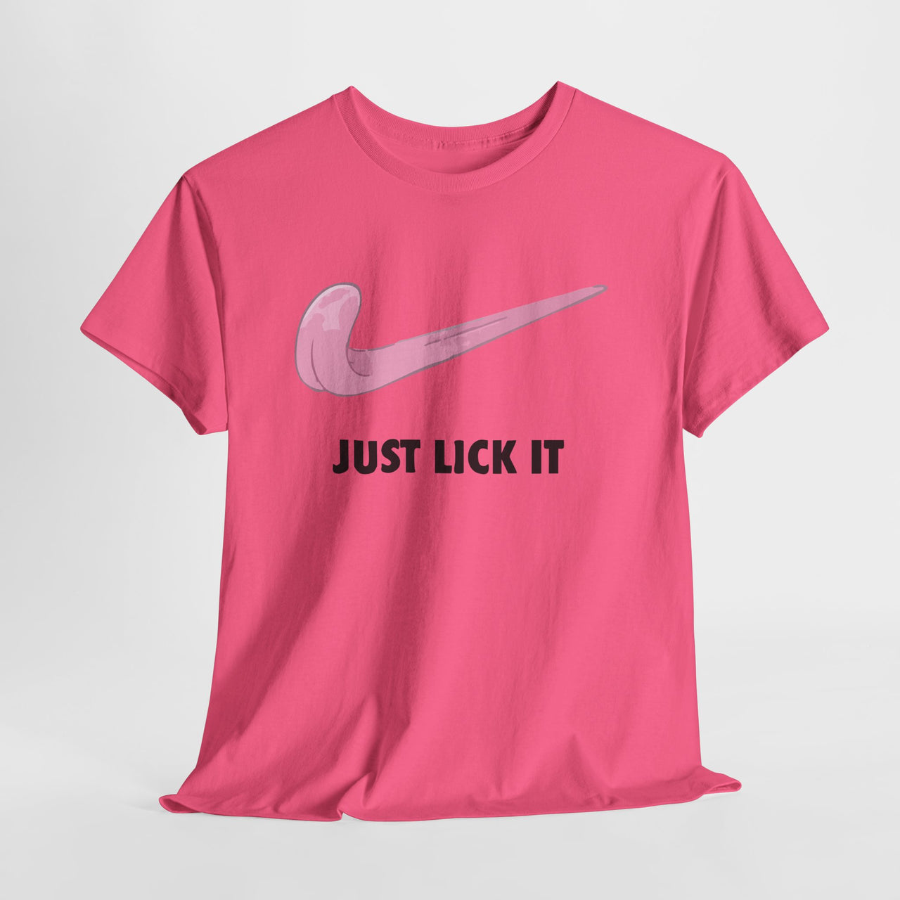 Pink t-shirt with Nike logo and 'Just Lick It' text on a white background