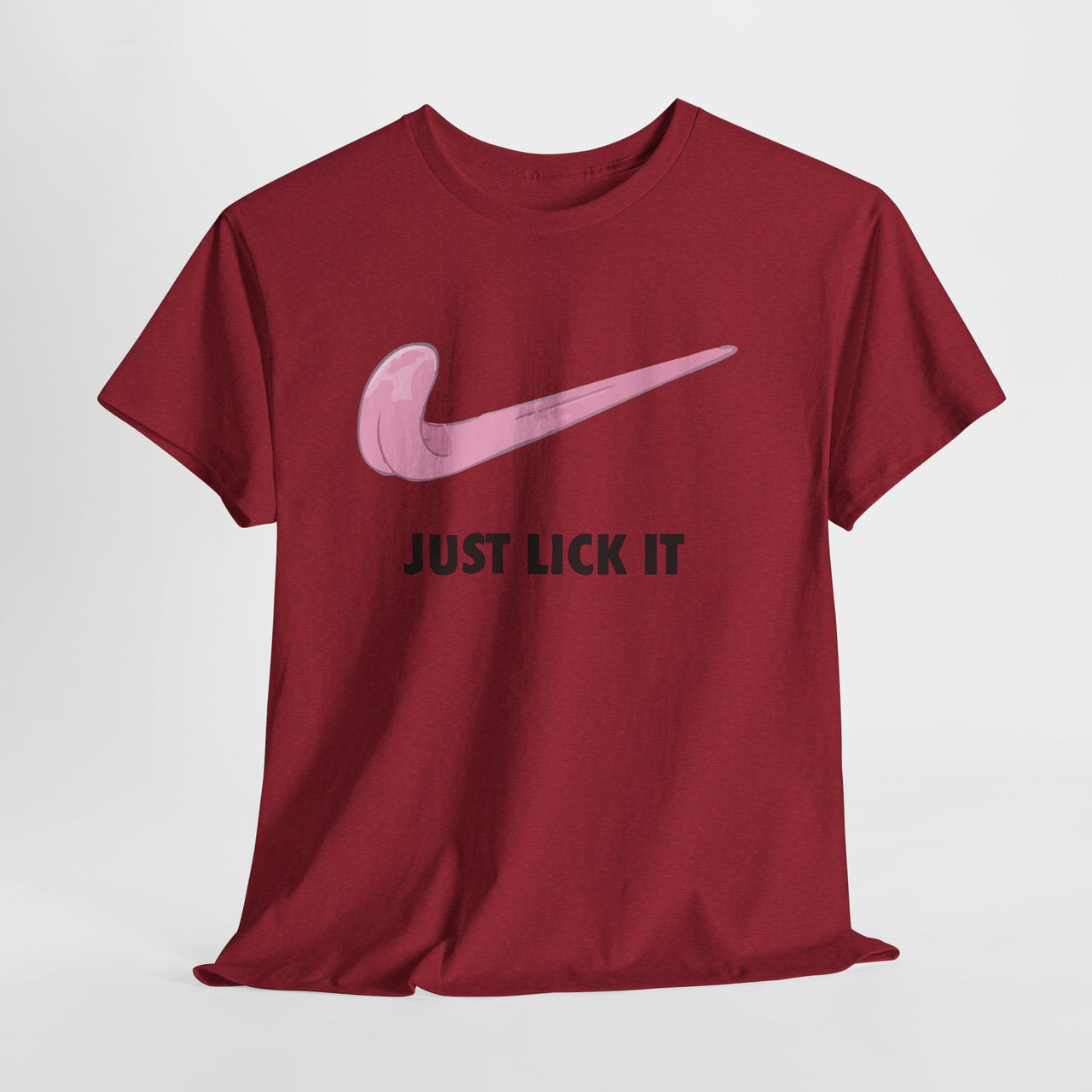 Maroon t-shirt with pink Nike logo and 'Just Lick It' text on a white background
