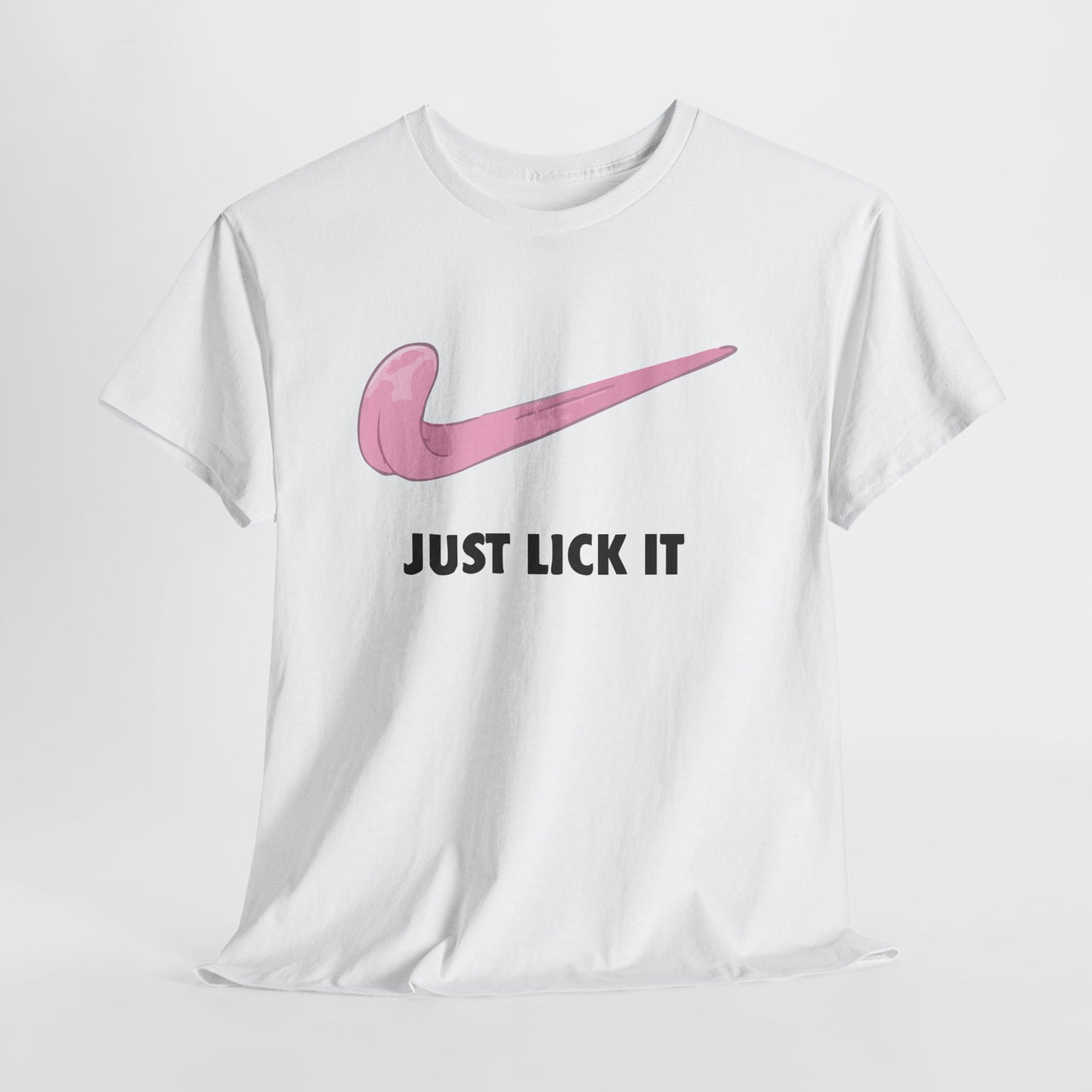 White t-shirt with pink Nike logo and 'Just Lick It' text on a white background