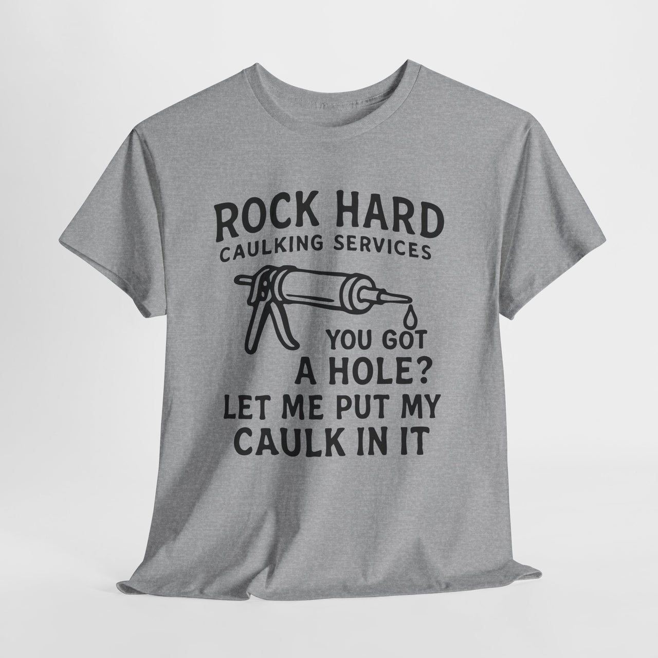 Gray t-shirt with black text and graphic on a white background