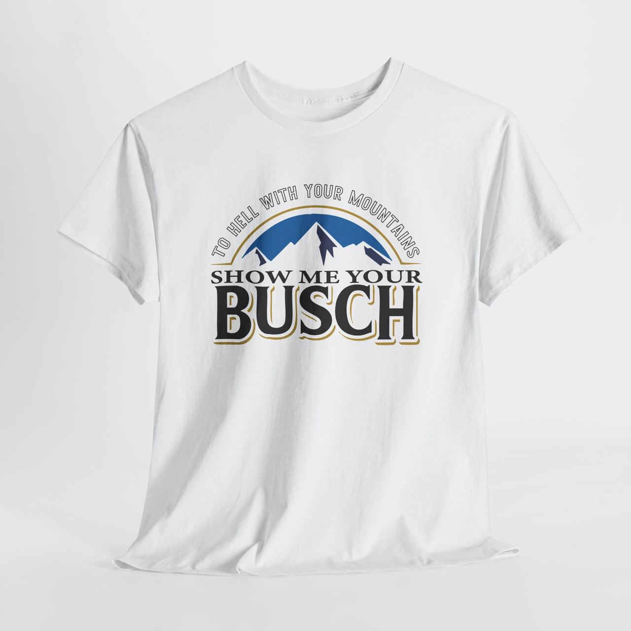 White t-shirt with graphic design and text on a white background