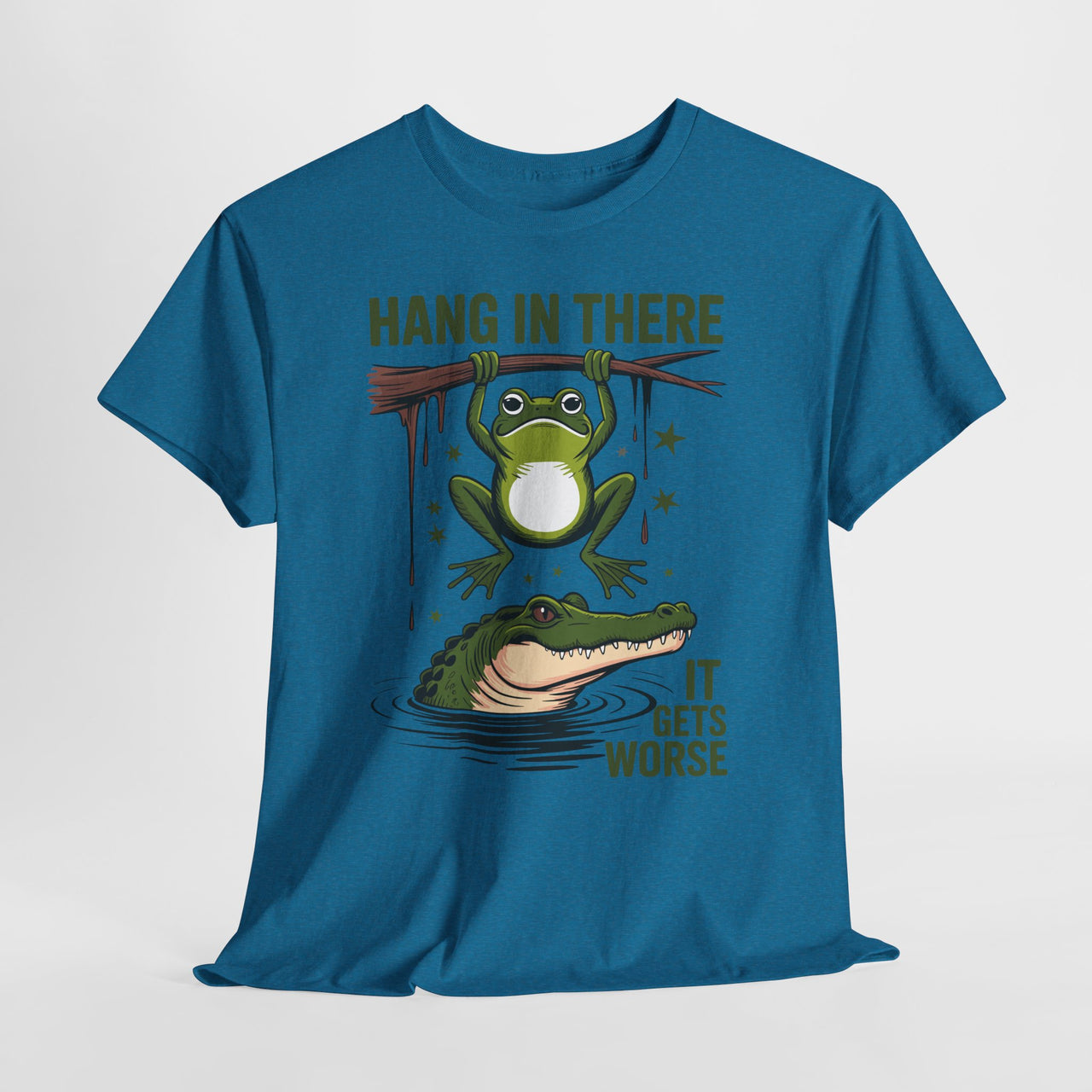 Blue t-shirt with a graphic of a frog and alligator and text 'Hang in there, it gets worse' on a white background.
