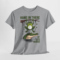 Gray t-shirt with a graphic of a frog and alligator and text 'Hang in there, it gets worse' on a white background.