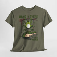 Green t-shirt with a graphic of a frog and alligator and text 'Hang in there, it gets worse' on a white background.